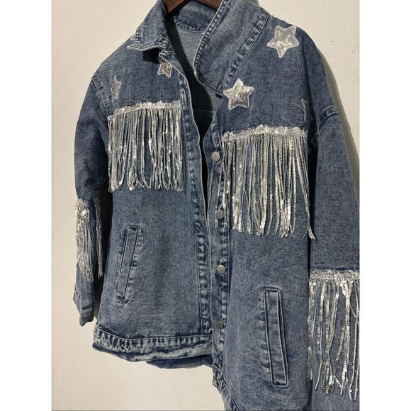NWOT Unbranded Women's Large Blue Denim Western Cowgirl Fringe Jacket - Picture 2 of 4